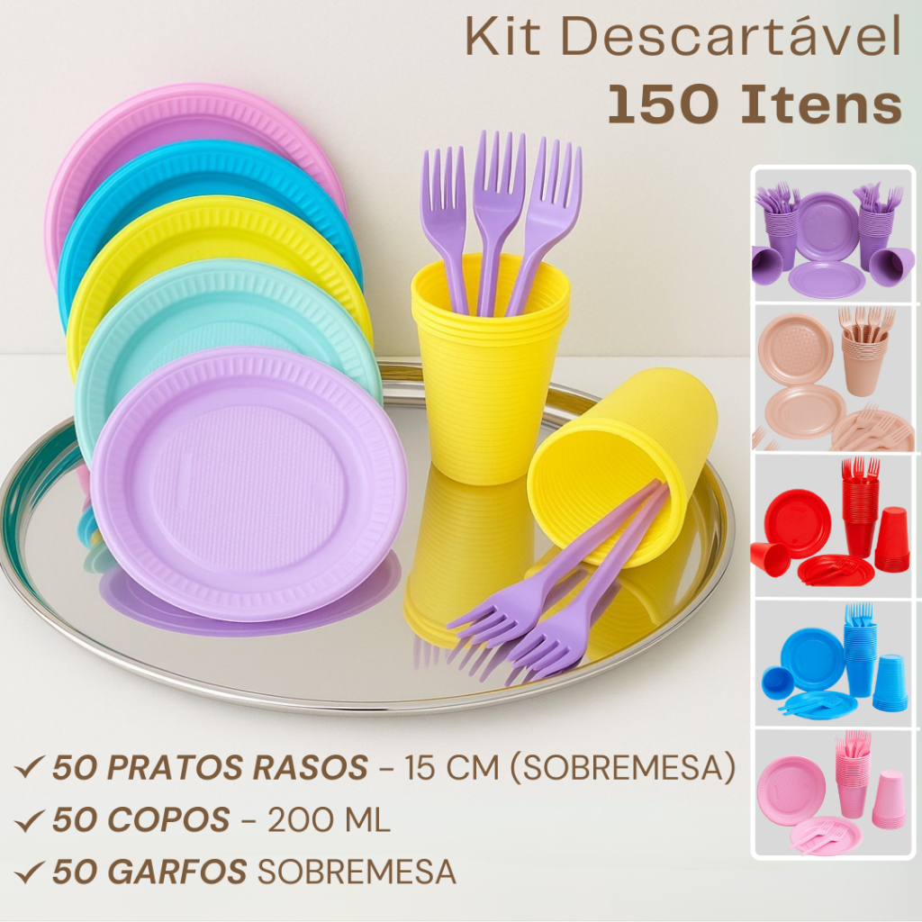 Kit Descartáveis Para Festa Copo Prato e Garfo de Sobremesa 150 Itens ...