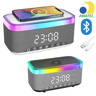 Caixa de Som FM Bluetooth Iluminaria Relógio RGB Alarme Carregador Indução Recarregável Portátil 50W