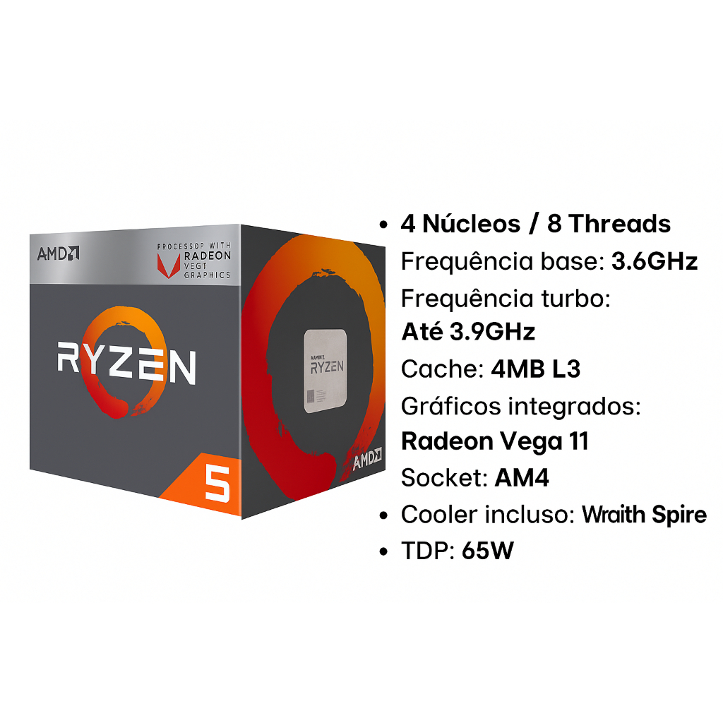 Processador AMD Ryzen 5 2400G - 4 Núcleos / 8 Threads - Vídeo Integrado ...