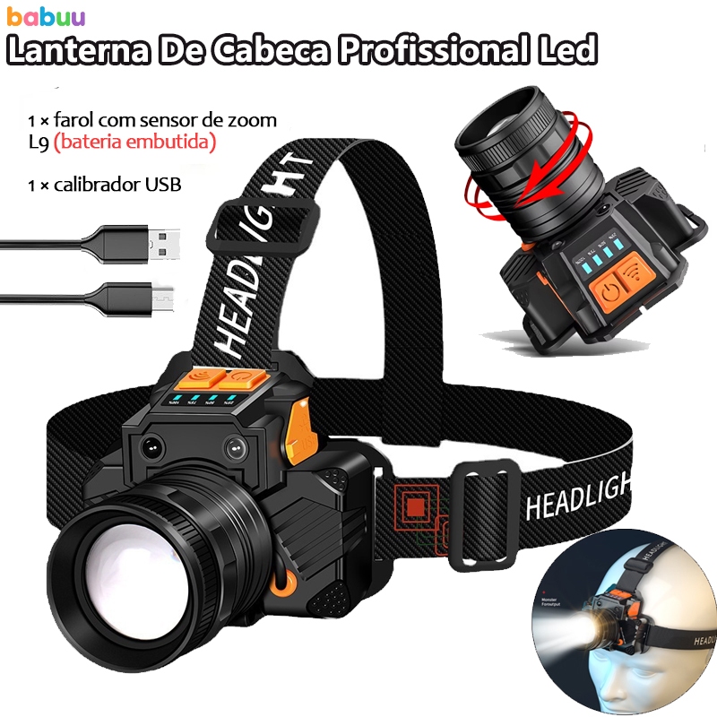 Lanterna de Cabeça LED Portátil USB Recarregável com Zoom Rotativo à ...