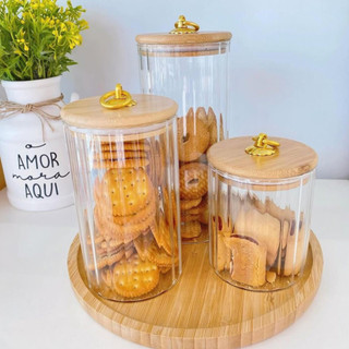 Conjunto Potes de Vidro com Tampa Bambu Cristal Porta Mantimentos Cozinha 3 Peças — foto 3 — Achou Levou Brasil