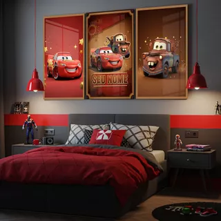 Quadro Decorativo McQueen e Mate 3P Estilo Infantil Carros Personalizado Quarto Parede Sala Menino
