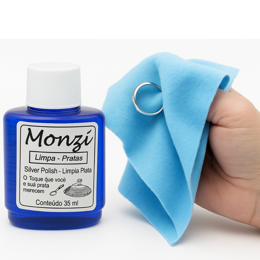 1 Frasco de Limpa Pratas Monzi Original 35ml com 1 Flanela Magica