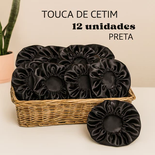 Touca de Cetim Preta Kit 12 un – Anti‑Frizz, Proteção Capilar Noturna