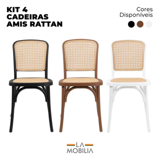 Conjunto 4 Cadeiras Amis Com Assento Rattan Sala de Jantar Empilhavel