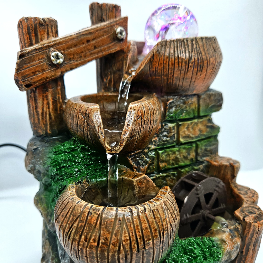 Fonte De Água Cascata Relaxante Decorativa Com LED 3 Quedas Moinho
