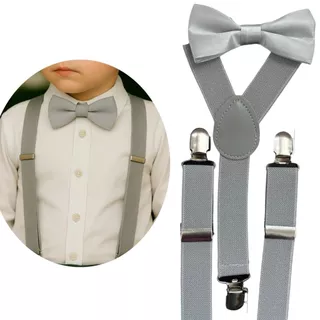 Kit Infantil Prata Cinza Clara Gravata Borboleta e Suspensorio Pajem Casamentos Eventos