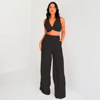Conjunto Feminino Linho Top Alças e Calça Pantalona Verão Fluida Leve Fresca para o Dia a Dia
