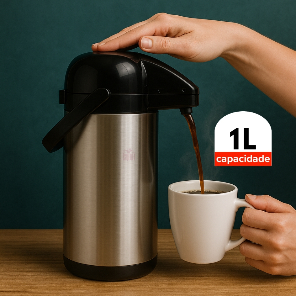 Garrafa Térmica de Café 1 Litro Inox Pressão Bebidas Quentes Frias Chá ...
