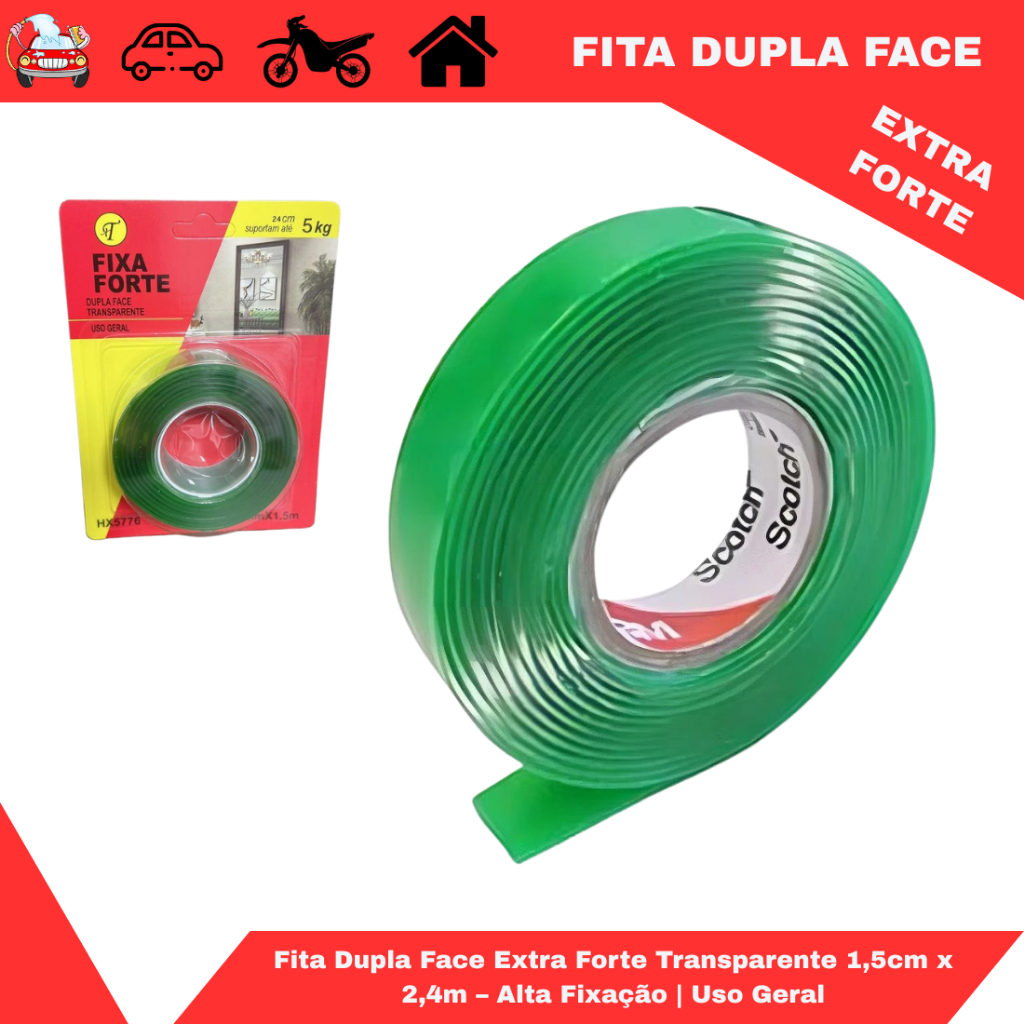 Fita Dupla Face Extra Forte Transparente 1,5cm x 2,4m – Alta Fixação ...