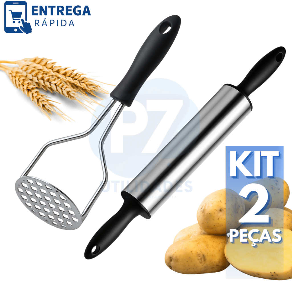 Kit 2 Peças Amassador de Batata Inox Cabo Inox ou Cabo Plást