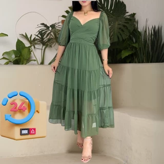 Vestido Decote V Midi Com Amarração Manga 3/4 Moda Feminina Romántica