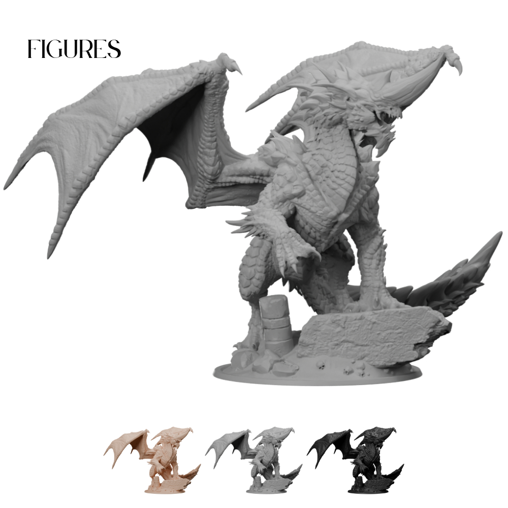 Estátua Dragão Fantasia Medieval RPG DnD Asas Resina Premium Colecionável Bege Cinza Preto EVO