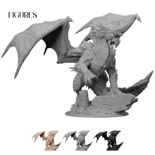 Estátua Dragão Fantasia Medieval RPG DnD Asas Resina Premium Colecionável Bege Cinza Preto EVO