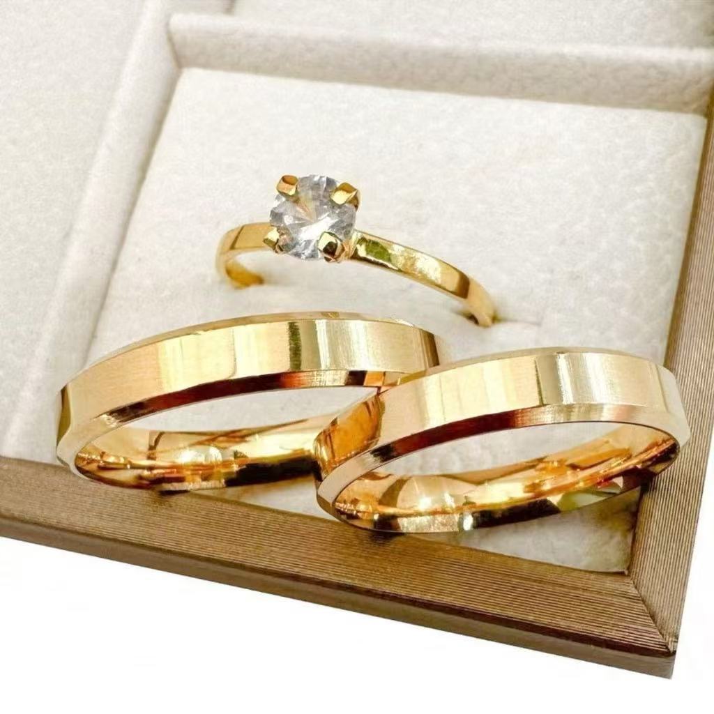 Par De Aliança+anel solitário Casamento Para Noivado Chanfrada Fina 4mm+Caixa