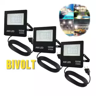 KIT 3x Holofote Refletor Led smd 100w com tomada 10a e cabo 1 metro pronto para uso luz branco frio