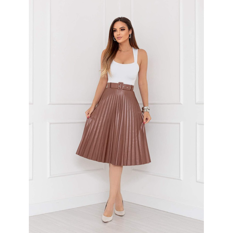 Saia Plissada Midi Com Cinto Cirre(fake couro)Moda Evangélico Moda