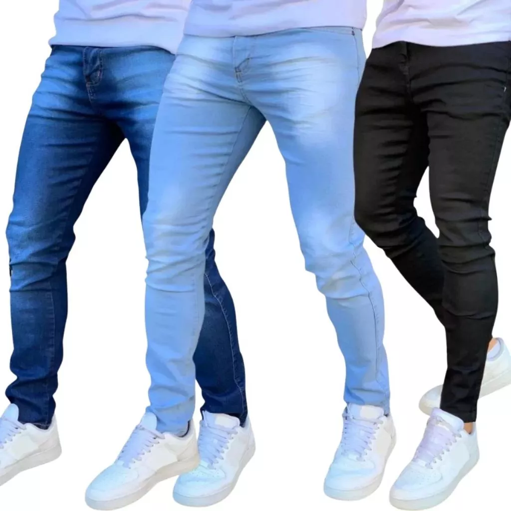 Kit com 3 Calças Jeans Masculina Premium Skinny Corte tradicional Basico com Lycra Lavagem Clara Escura ou Preta premium — imagem 1
