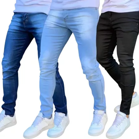 Kit com 3 Calças Jeans Masculina Premium Skinny Corte tradicional Basico com Lycra Lavagem Clara Escura ou Preta premium
