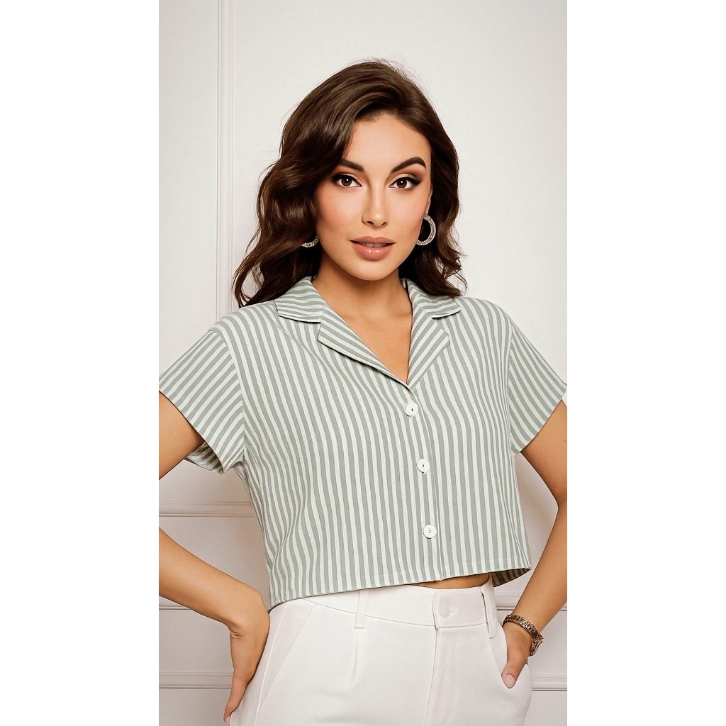 Blusa Feminina Cropped Camisa Social Com Botões | Shopee Brasil