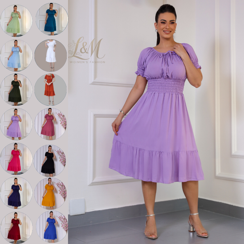 Vestido Midi Dia a Dia Festa Feminino Evangélica Curto Com Elástico