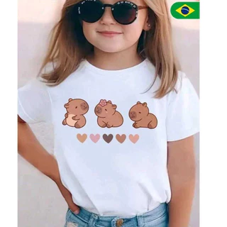 Blusinha Camiseta Básica Menina Estampa Capivaras - Camiseta Meninas de Manga Curta com Estampa Personalizada