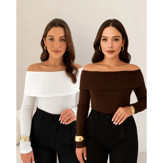 Kit 2 Blusas Feminina Ombro a Ombro Tomara que Caia Ciganinha Manga Longa Ribana Canelada Casual