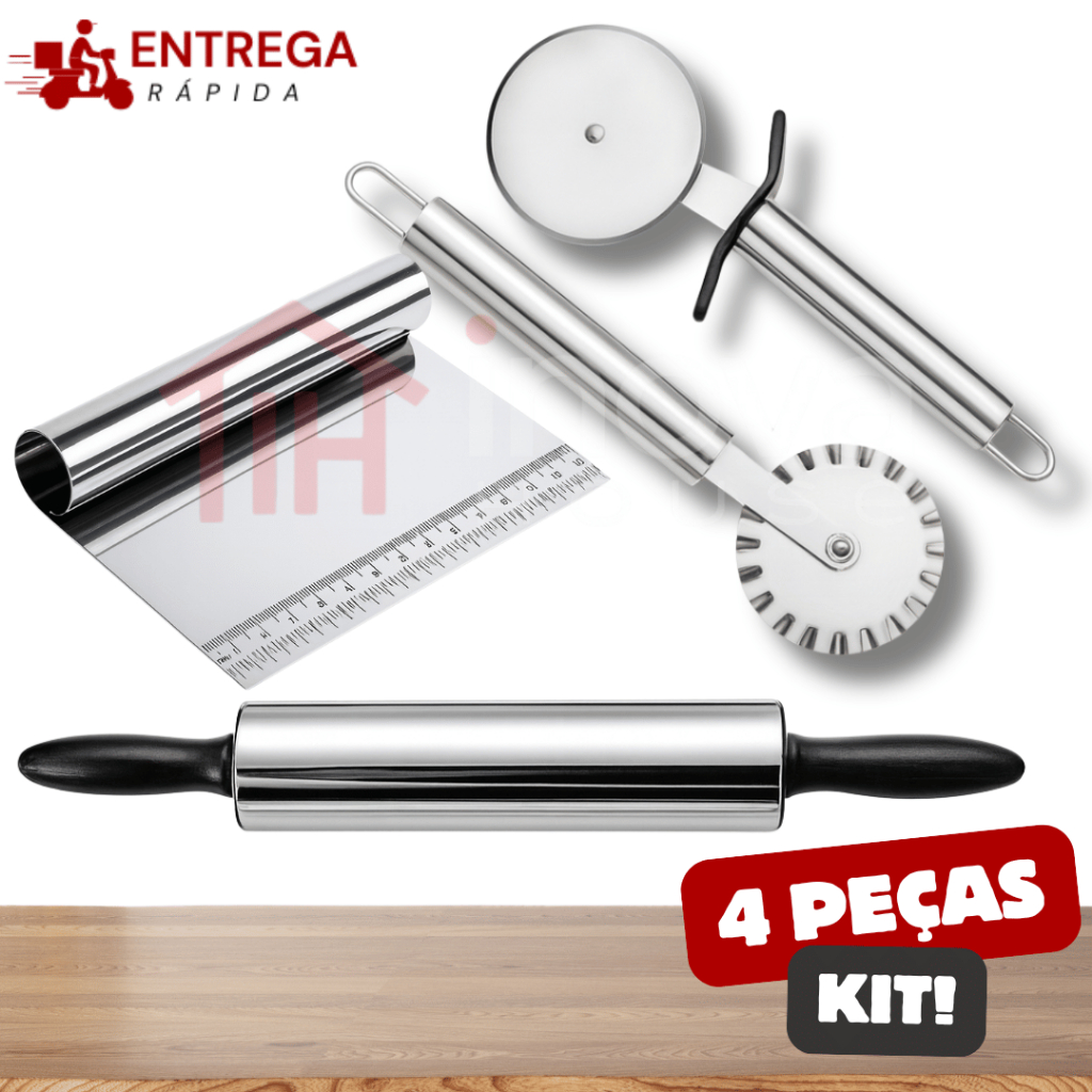 Kit 4 Peças Rolo de Massa Espátula Raspadora com Régua Corta