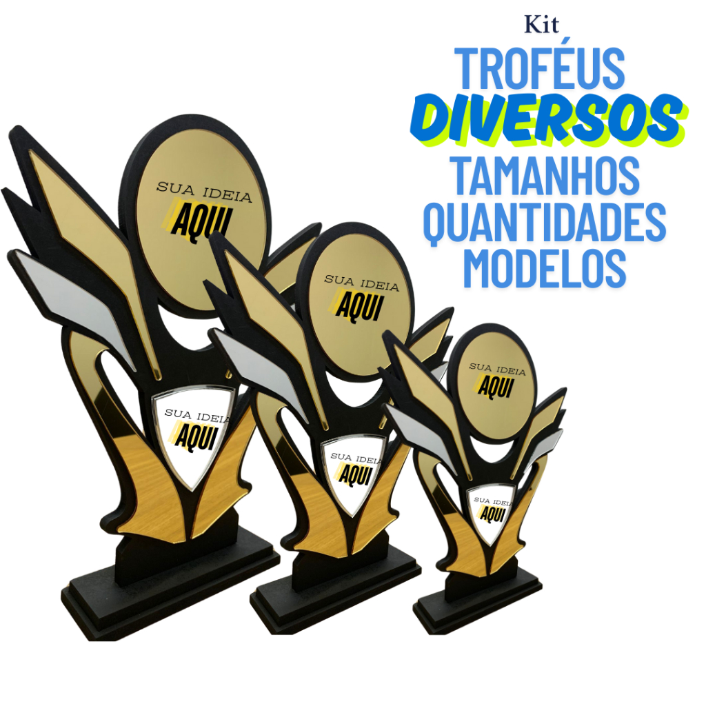 kit Troféus de MDF e Acrílico para Premiação 1º, 2º e 3º lugares Futebol Volei Campeão Vencedor