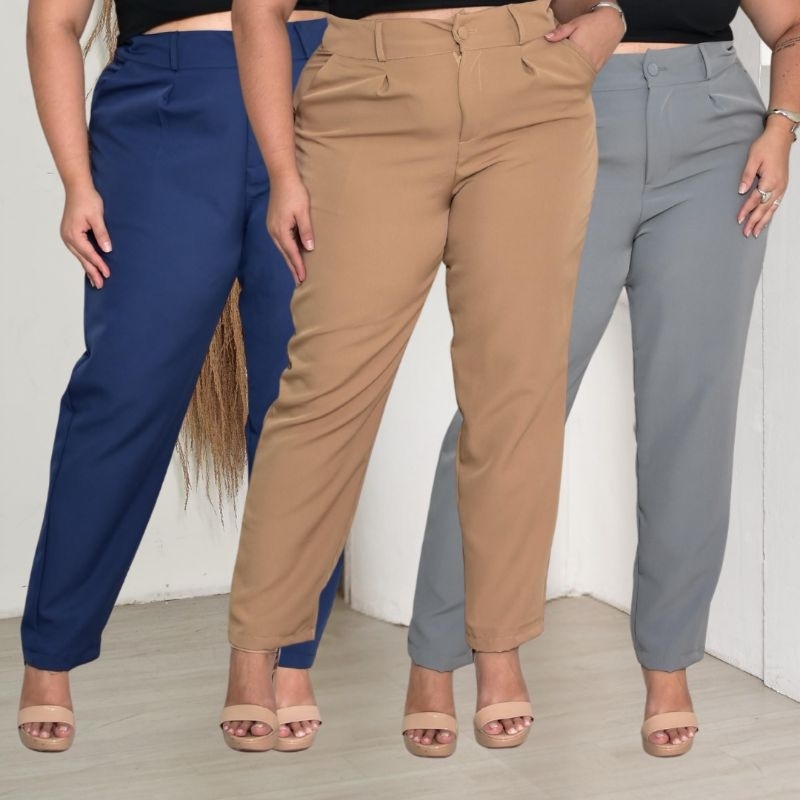 KIT 3 Calças Feminina Plus Size Alfaiataria - Elegante | Shopee Brasil