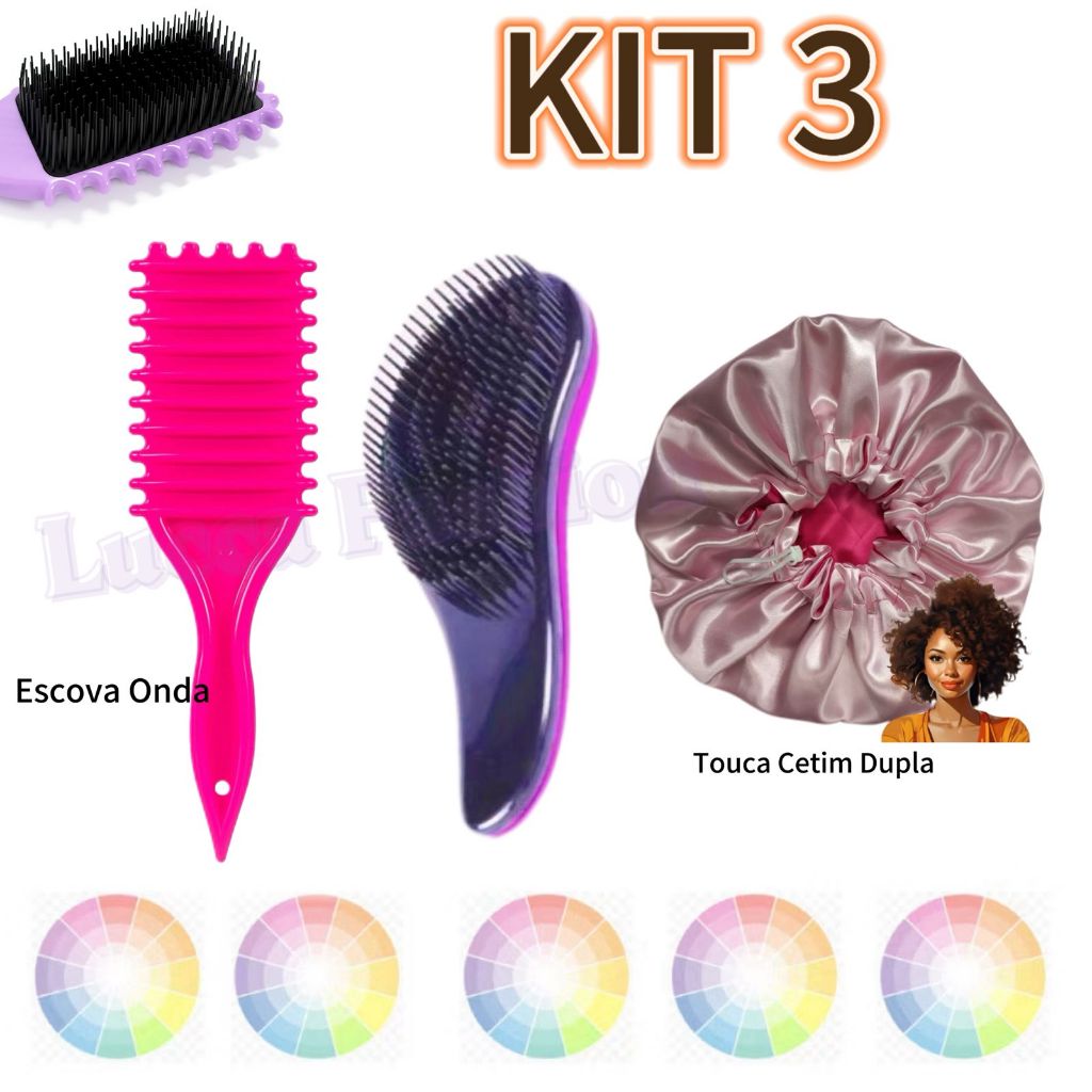 Kit 3 Escovas Para os Cabelos, Mágica, Escova Ondas e Touca de Cetim ...