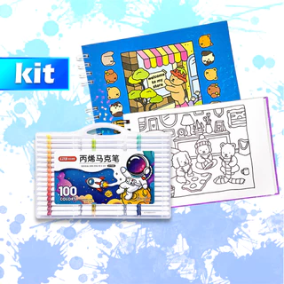 Cadernos de Colorir Ursos/Kitty/Alien 50 Folhas Premium + Canetas Acrílicas para Pintura 12-100 Cores em Oferta na Shopee