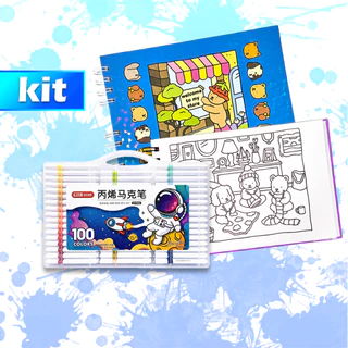 Cadernos de Colorir Ursos/Kitty/Alien 50 Folhas Premium + Canetas Acrílicas para Pintura 12-100 Cores em Oferta na Shopee