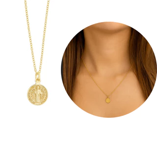 Colar Cadeado Feminino 45cm  com Medalha São Bento 1,2mm Banhado a Ouro em Oferta na Shopee