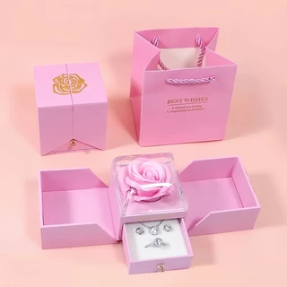 Jóias Caixa De Presente Com Sacola, eterna Rosa Flor Gaveta, Caixa Para Brincos Anel Colar, Jóias De Casamento Embalagem