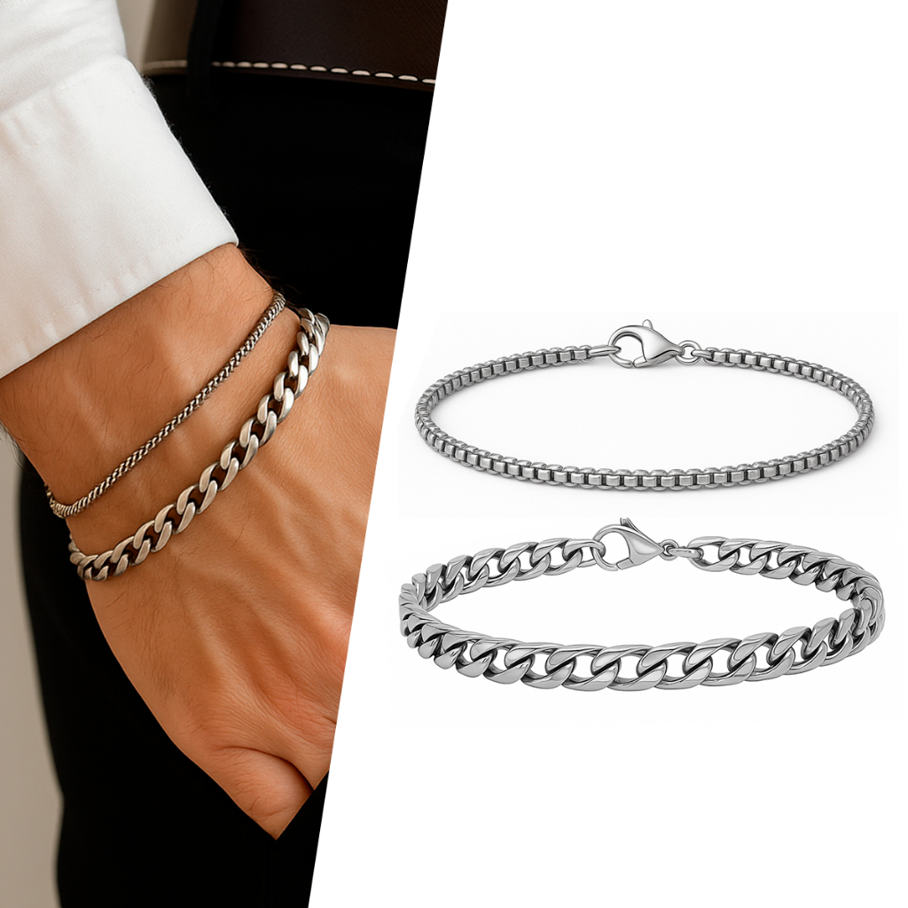 Kit 2 Pulseiras Masculinas Prata de Aço Inoxidável Elo Grumet e Veneziana 20cm