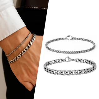 Kit 2 Pulseiras Masculinas Prata de Aço Inoxidável Elo Grumet e Veneziana 20cm