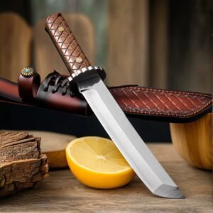 Faca Full Tang 36cm Cabo Madeira De Deserto Dureza Ultra DC53 C/Bainha Couro GD-A10