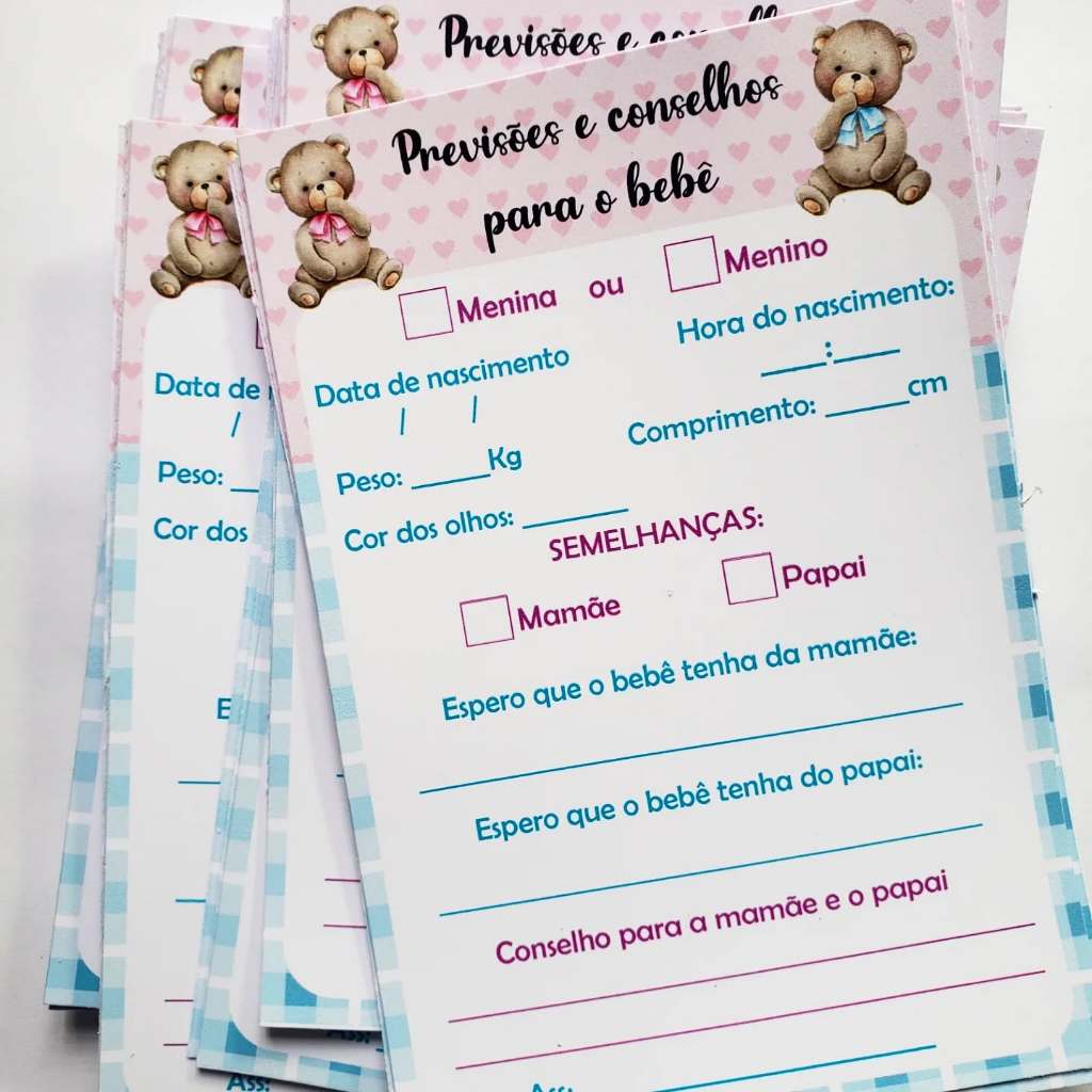 Cartelas Brincadeira chá de bebê personalizado - Papelaria Previsões e ...
