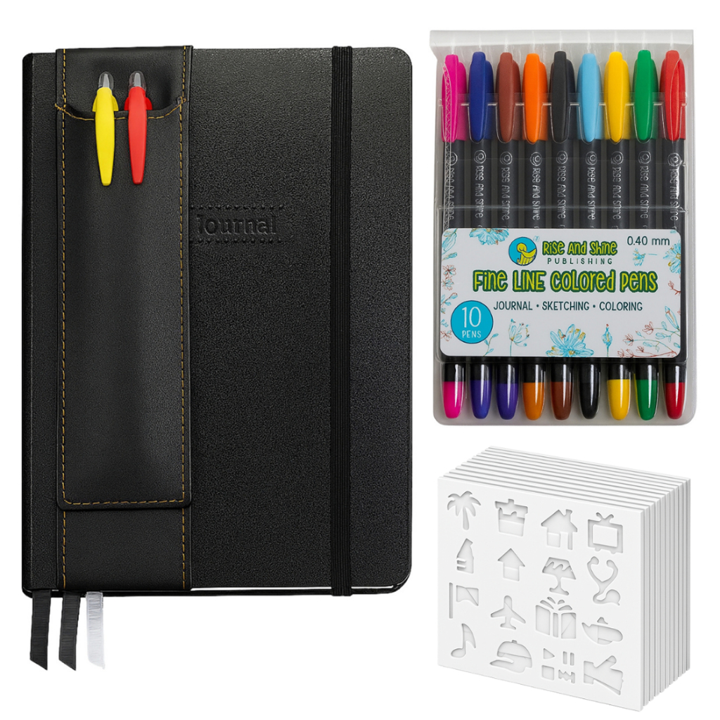 Kit de Caderno de Anotações Capa Dura 15x10cm Canetas e Réguas Decorativas