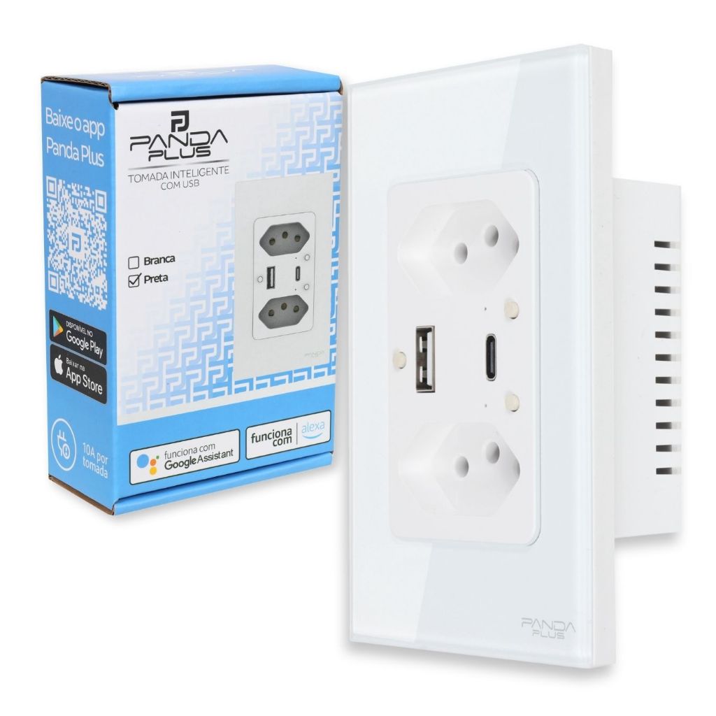 Tomada Dupla Inteligente USB-A/C Carrega Rápido Wifi 10A Bivolt