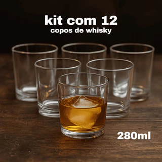Kit 12 Copos de Vidro 280ml Whisky Bar Rocks Conjunto para Bebidas