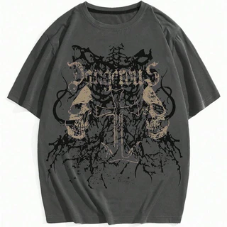 Camisa Masculina Básica Estampada Gótica Caveira Punk Escuro e Cruz 100% Algodão