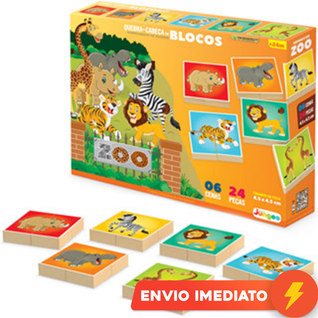 Kit 6 Jogos Quebra Cabeça Zoológico 24 Blocos Madeira Educativo