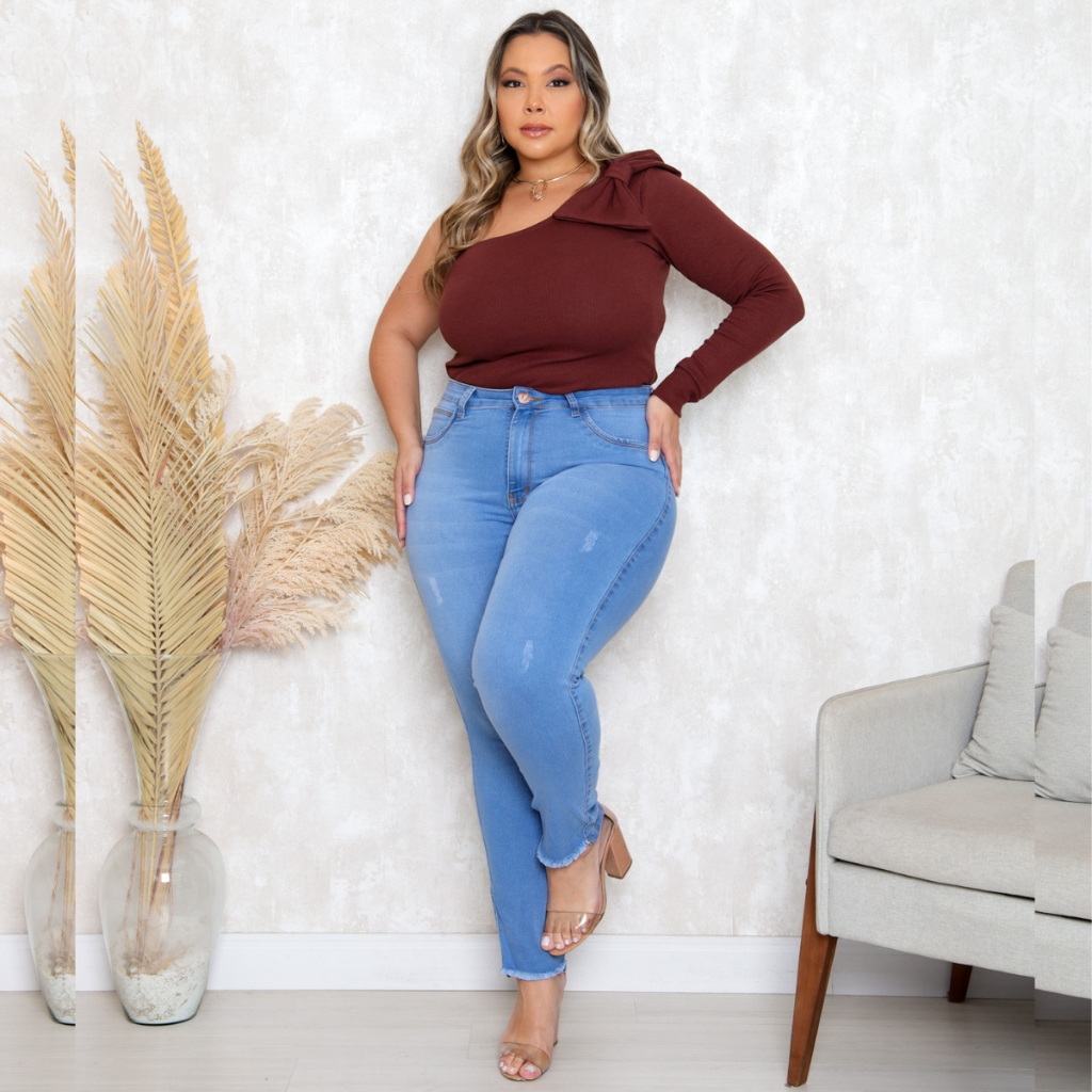 Calça Jeans Skinny Feminina Plus Size Lavagem Clara Barra Desfiada | Shopee Brasil