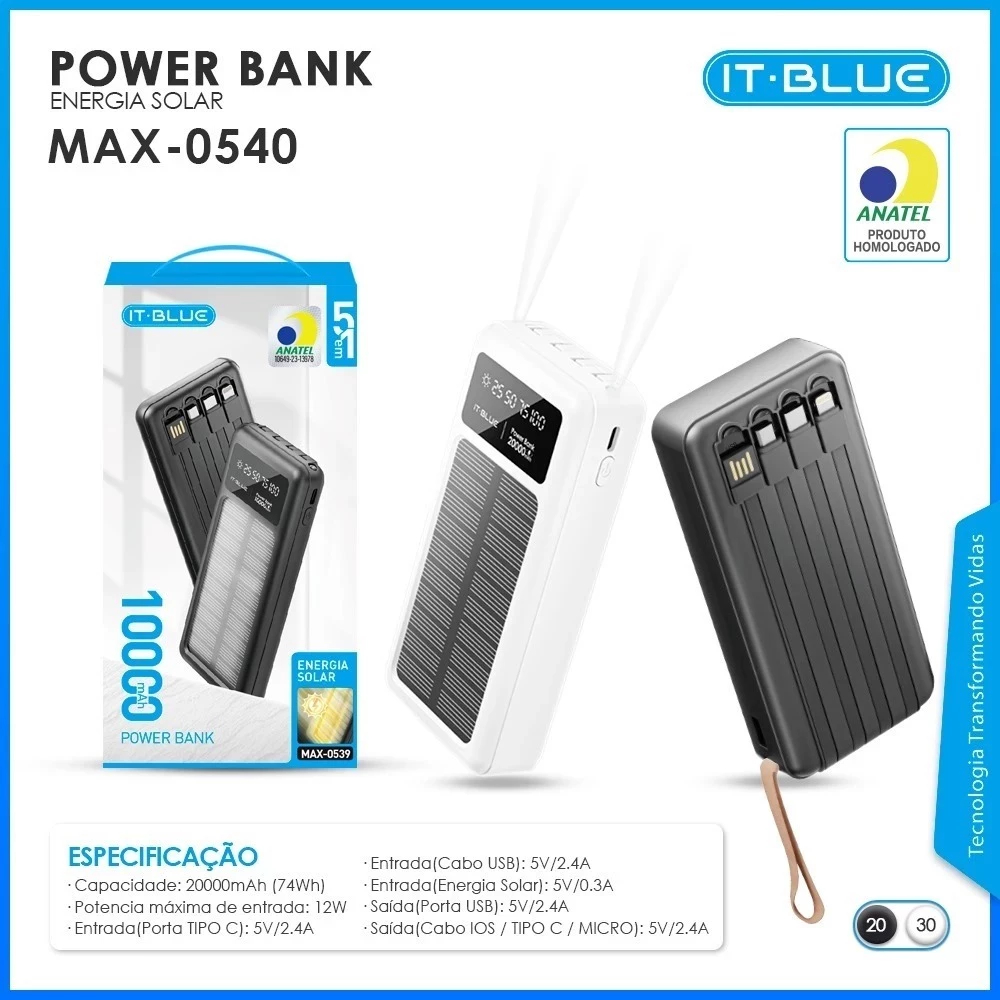 Power Bank IT-BLUE MAX-0540 20.000mAh | Solar, 4 Cabos Embutidos +