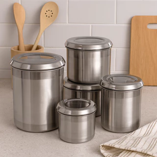 Kit 5 Potes de Mantimento de Aluminio Polido e Lixado
