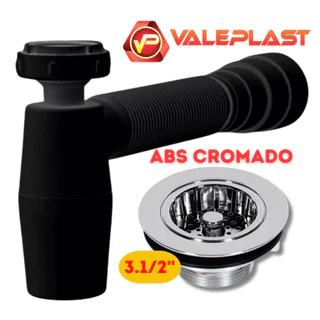 Sifao de Pia C/Copo Sifao Preto Sanfonado + Válvula ABS Cromado para Pia Cozinha Americana Válvula