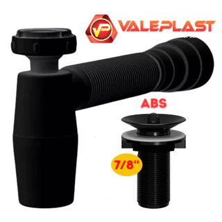 Sifão Copo Preto Ajustável Universal + Válvula para Tanque/Lavatório e Pia de Banheiro PVC Preto 7/8