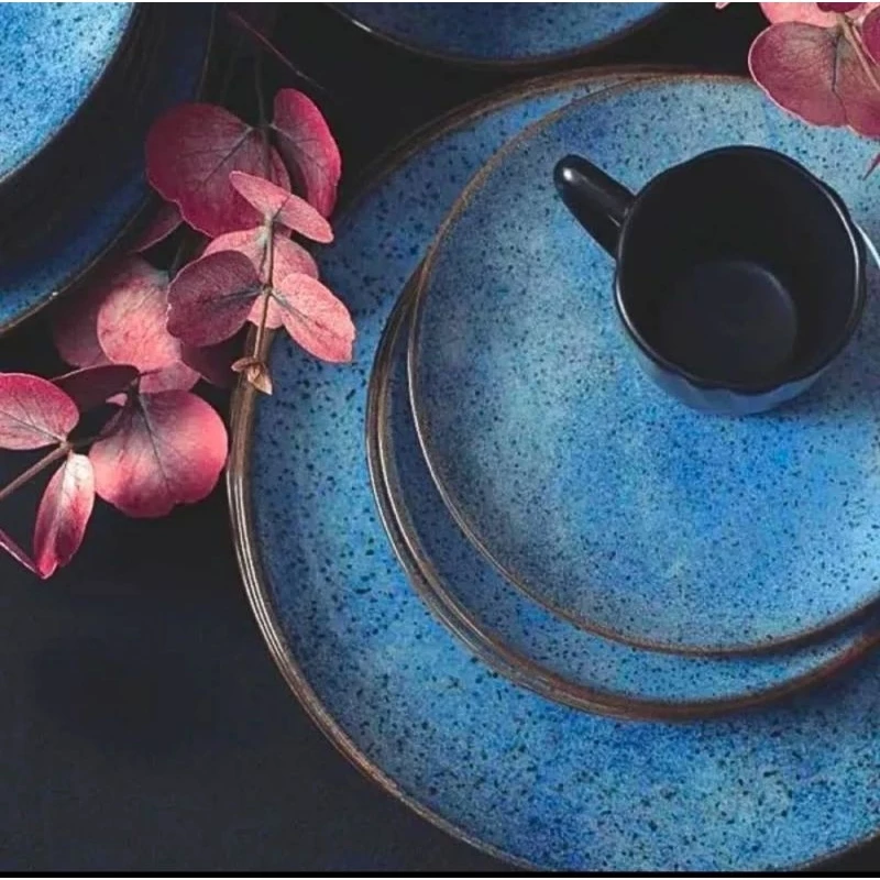 jogo com Dois Prato refeição em cerâmica inspiração azul marmorizado esmaltado .mesa posta cozinha casa